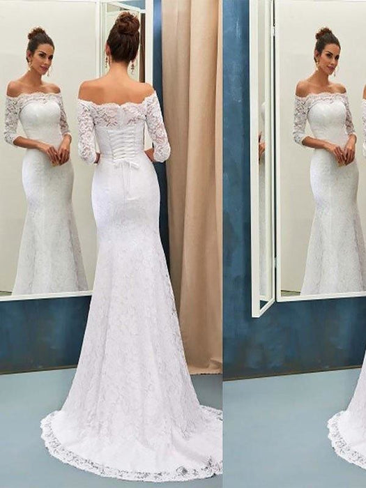 Off-the-Shoulder Lace Mermaid Long Sleeves Sweep Train Wedding Dresses - wedding dresses