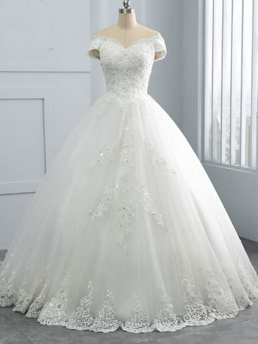 Off-the-Shoulder Lace Sequins Ball Gown Wedding Dresses - Ivory / Floor Length - wedding dresses