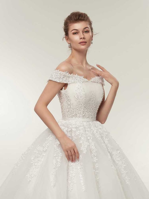 Off-the-Shoulder Lace-Up Ball Gown Wedding Dresses - wedding dresses