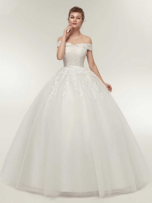 Off-the-Shoulder Lace-Up Ball Gown Wedding Dresses - White / Floor Length - wedding dresses