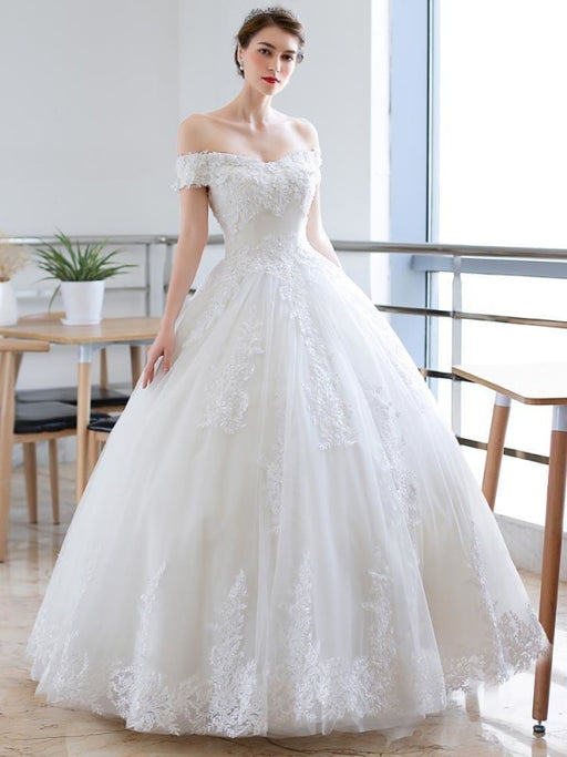 Off-the-Shoulder Lace-up Ball Gown Wedding Dresses - White / Floor Length - wedding dresses