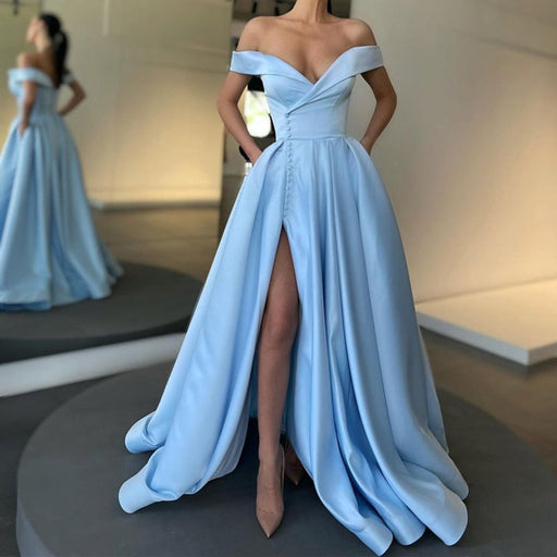 Off the Shoulder Light Blue Satin Long Prom with Slit-Bridelily Off the Shoulder Light Blue Satin Long Prom with Slit-Bridelily