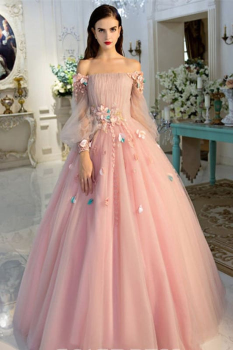Off-the-Shoulder Long Sleeves Ball Quinceanera With Flowers Prom Dress - Prom Dresses