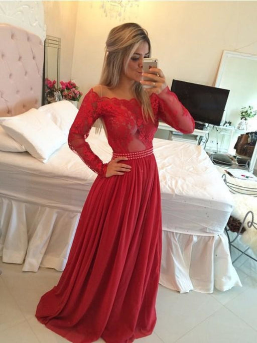 Off-The-Shoulder Long Sleeves Sweep/Brush Train With Applique Dresses - Prom Dresses