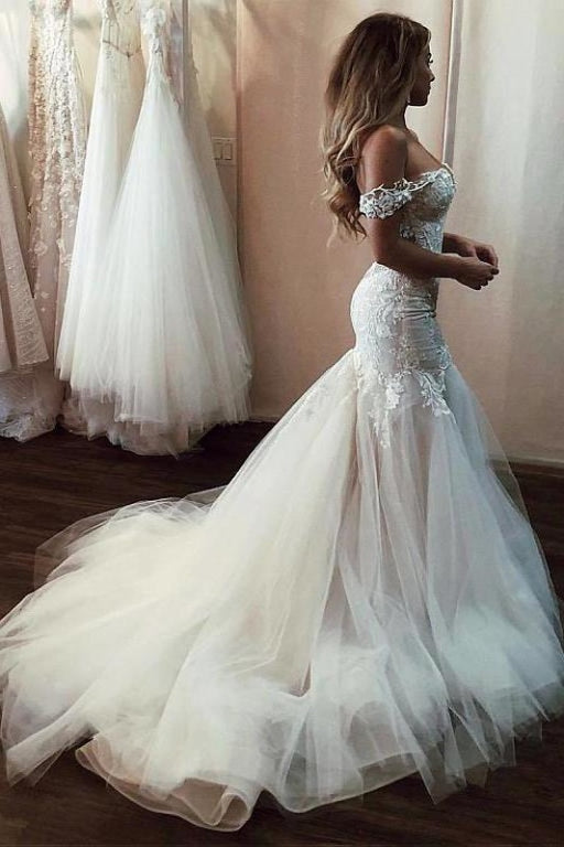 Off the Shoulder Mermaid Lace Long Tulle Wedding Dress - Wedding Dresses