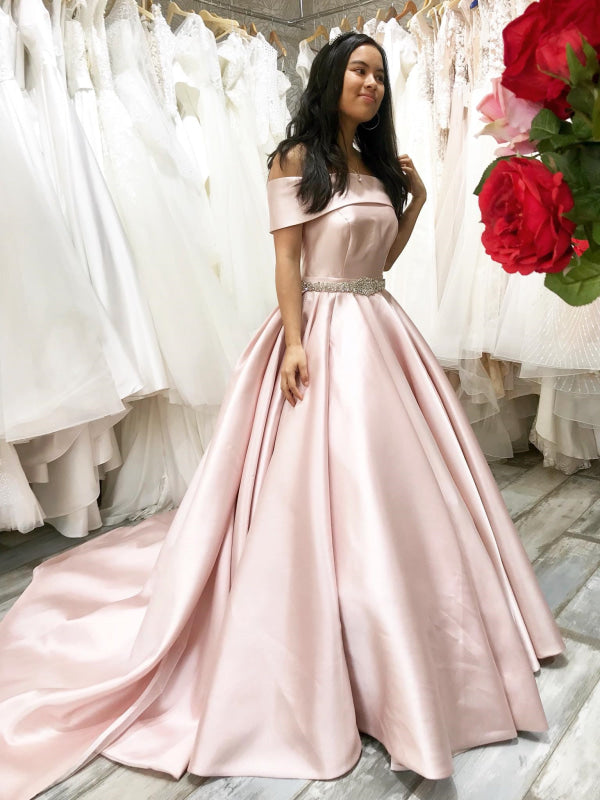 Off the Shoulder Pink Satin Long Prom Dresses with Belt, Off Shoulder ...