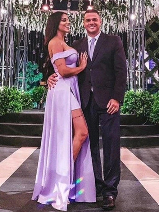 Off the Shoulder Purple Long Prom Dresses with High Slit, Off Shoulder Purple Formal Dresses, Purple Evening Dresses