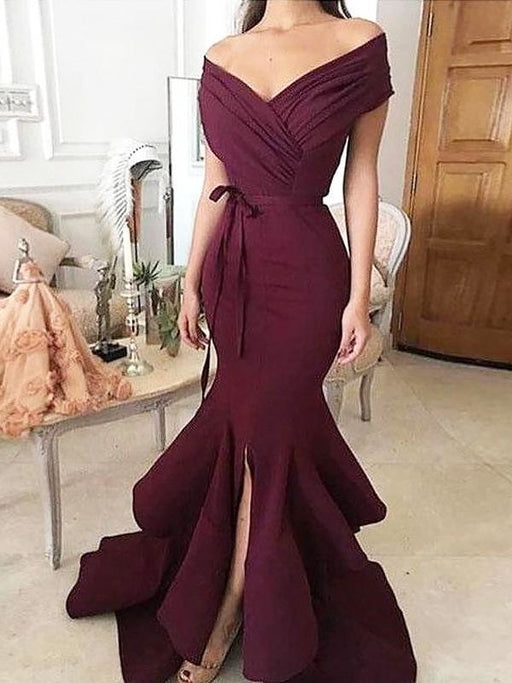 Off-The-Shoulder Sleeveless Floor-Length With Ruched Satin Dresses - Prom Dresses
