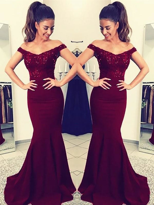 Off-The-Shoulder Sleeveless Sweep/Brush Train With Lace Satin Dresses - Prom Dresses