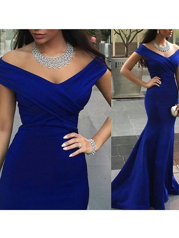 Off-The-Shoulder Sleeveless Sweep/Brush Train With Ruched Dresses - Prom Dresses
