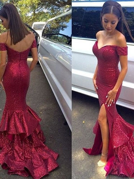 Off-The-Shoulder Sleeveless Sweep/Brush Train With Sequin Dresses - Prom Dresses