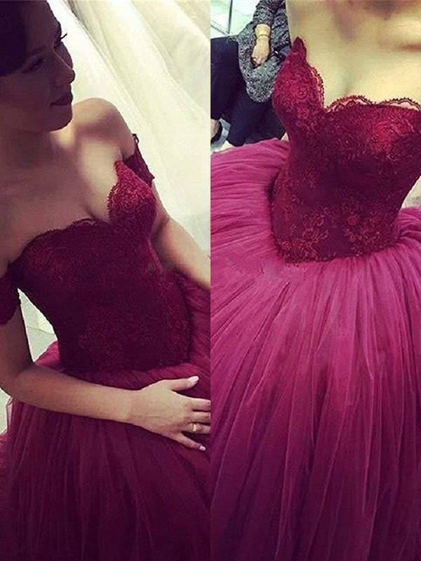 Off-the-Shoulder Sweep/Brush Train With Applique Tulle Dresses - Prom Dresses