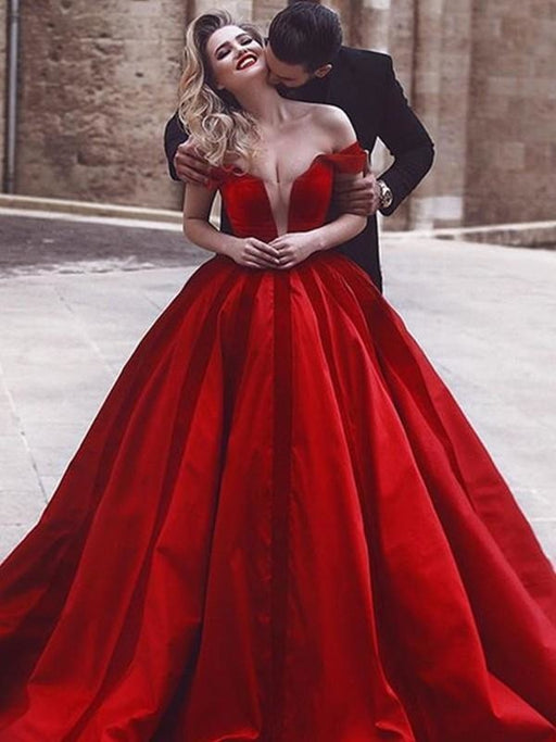 Off-the-Shoulder Sweep/Brush Train With Ruffles Satin Dresses - Prom Dresses