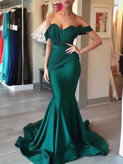 Off-The-Shoulder Sweep/Brush Train With Ruffles Satin Dresses - Prom Dresses