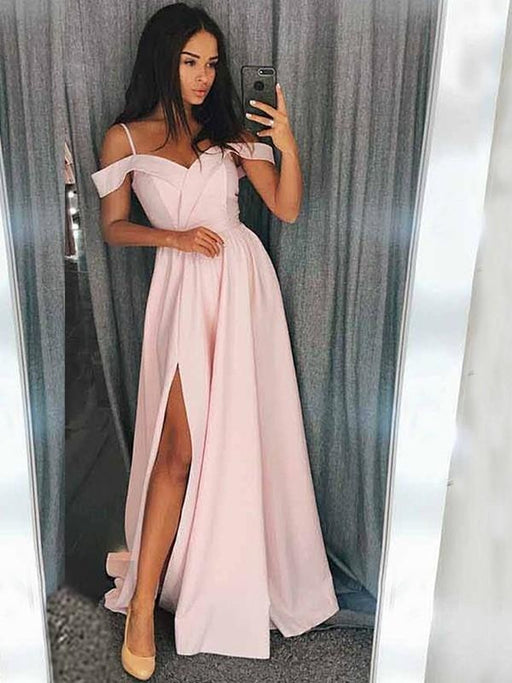 Off-The-Shoulder Sweep/Brush Train With Ruffles Satin Dresses - Prom Dresses