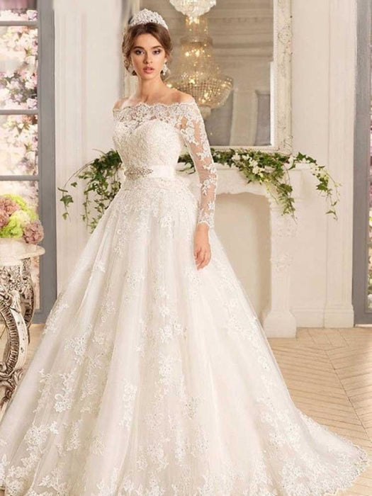 Off-the-Shoulder Tulle Ruffles Wedding Dresses - Ivory / Floor Length - wedding dresses