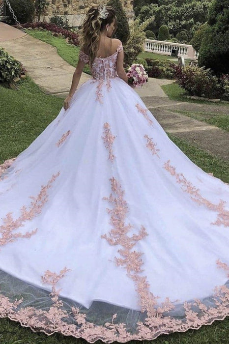 Off the Shoulder White Lace Long Prom Dresses, Off Shoulder White Lace Formal Evening Dresses, White Ball Gown