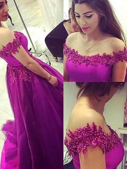 Off-the-Shoulder With Applique Floor-Length Tulle Prom Dresses - Prom Dresses