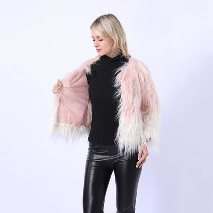Ombre Party Fashion Winter Regular Faux Round Neck Fur Coats - Blushing Pink / S - womens furs & leathers