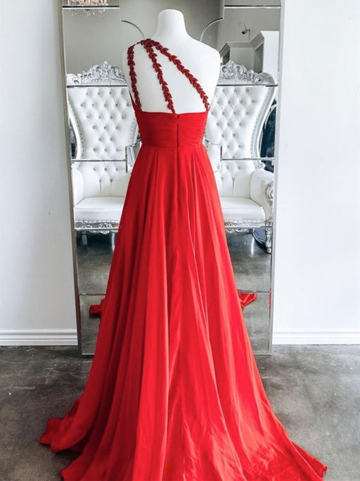 One Shoulder Backless Red Chiffon Long Prom Dresses, One Shoulder Red Formal Evening Dresses