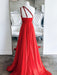 One Shoulder Backless Red Chiffon Long Prom Dresses, One Shoulder Red Formal Evening Dresses