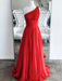 One Shoulder Backless Red Chiffon Long Prom Dresses, One Shoulder Red Formal Evening Dresses