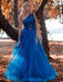 One Shoulder Blue Lace Long Prom Dresses, One Shoulder Blue Formal Dresses, Blue Lace Evening Dresses 