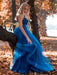 One Shoulder Blue Lace Long Prom Dresses, One Shoulder Blue Formal Dresses, Blue Lace Evening Dresses 