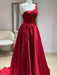One Shoulder Burgundy Satin Long Prom Dresses with Lace Appliques, Burgundy Lace Formal Graduation Evening Dresses 