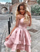 One Shoulder Layered Pink Short Prom Dresses, Pink Layered Homecoming Dresses, Pink Formal Dresses, Evening Dresses