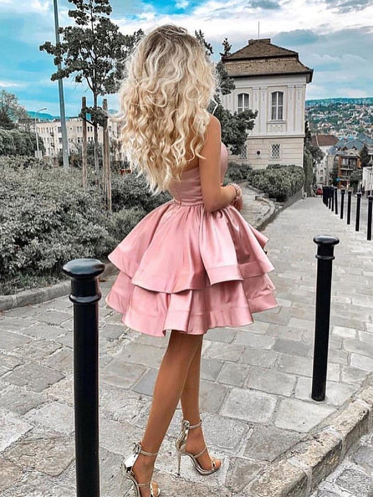 One Shoulder Layered Pink Short Prom, Pink Layered Homecoming, Pink Fo Bridelily One Shoulder Layered Pink Short Prom, Pink Layered Homecoming, Pink Fo Bridelily