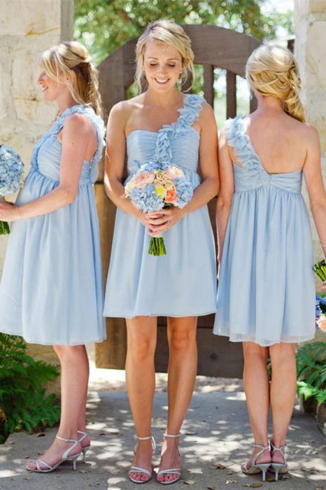 One Shoulder Light Sky Blue Short A-Line Knee Length Bridesmaid Dresses Pregnant Dresses - Bridesmaid Dresses