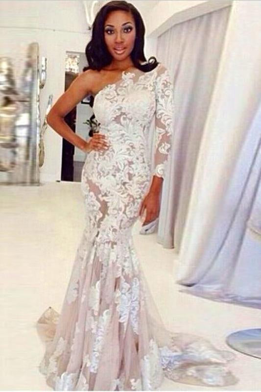 one shoulder lace mermaid wedding dress One Shoulder High Neck Long Sleeve Bridal Gowns Lace
