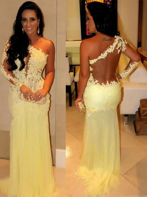 One-Shoulder Long Sleeves Sweep/Brush Train With Applique Dresses - Prom Dresses