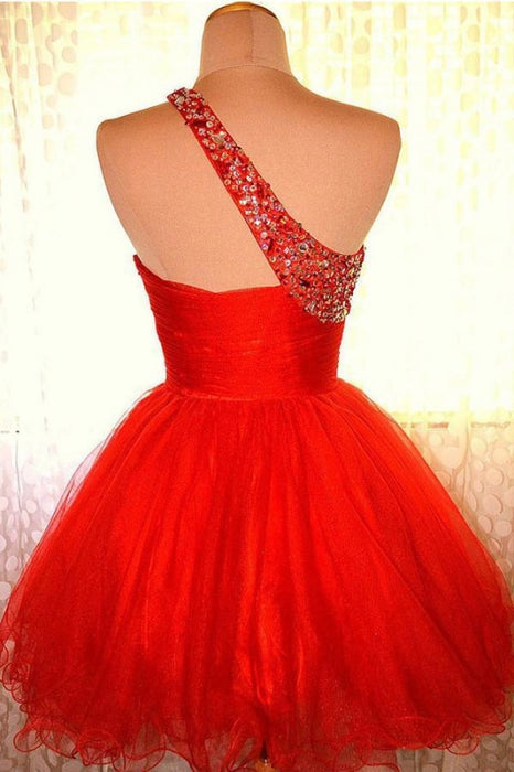 One shoulder Red Organza Prom Dresses Homecoming Dress - Prom Dresses