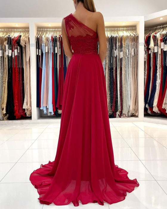 One Shoulder Red Prom Dress Sleeveless Evening Maxi Dress with Front Slit - Prom Dresses