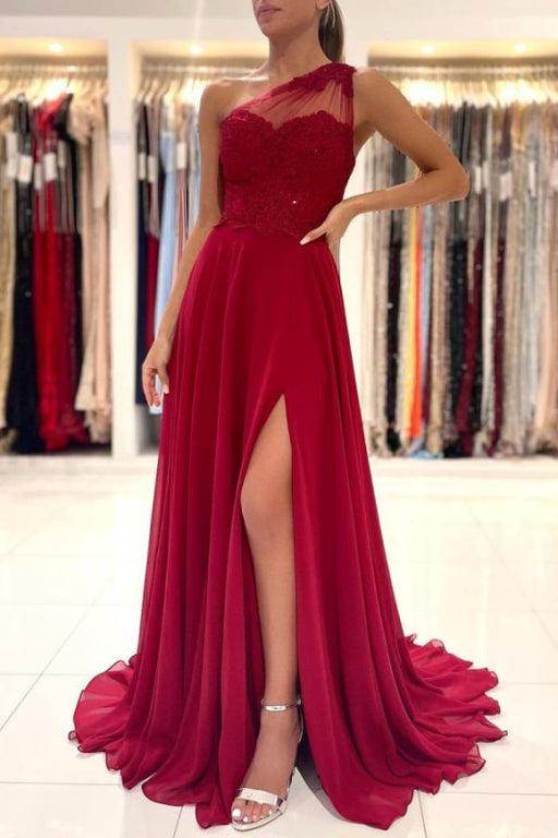One Shoulder Red Prom Dress Sleeveless Evening Maxi Dress with Front Slit - Prom Dresses