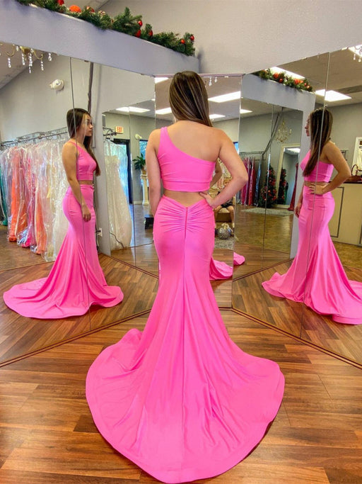 One Shoulder Two Pieces Pink Long Prom Dresses, 2 Pieces Pink Formal Graduation Evening Dresses 