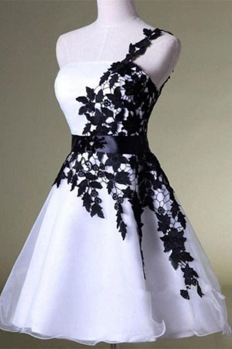 One Shoulder White Homecoming Dress Lace Knee Length Party Dress - Bridelily One Shoulder White Homecoming Dress Lace Knee Length Party Dress - Bridelily