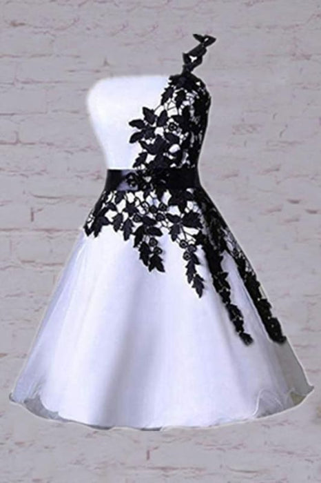 One Shoulder White Homecoming Dress Lace Knee Length Party Dress - Bridelily One Shoulder White Homecoming Dress Lace Knee Length Party Dress - Bridelily