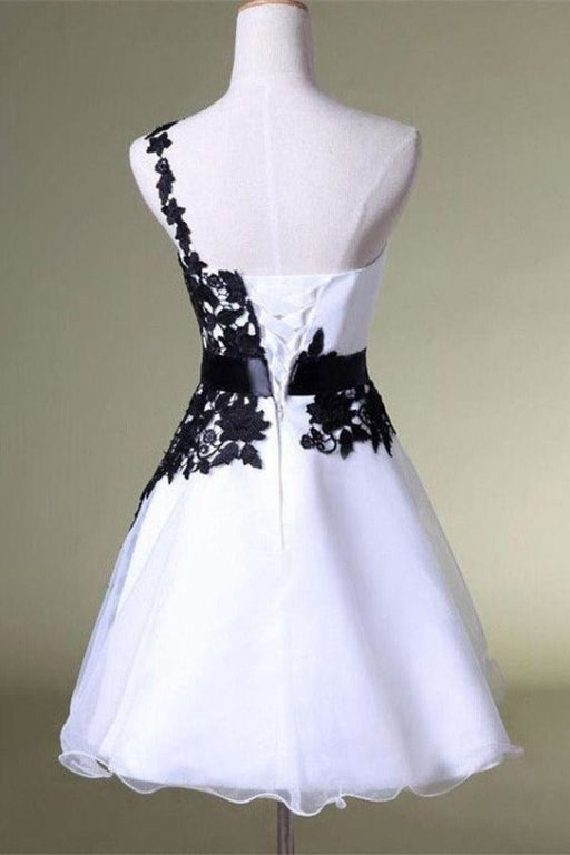 One Shoulder White Homecoming with Black Lace Knee Length Party Dress - Prom Dresses