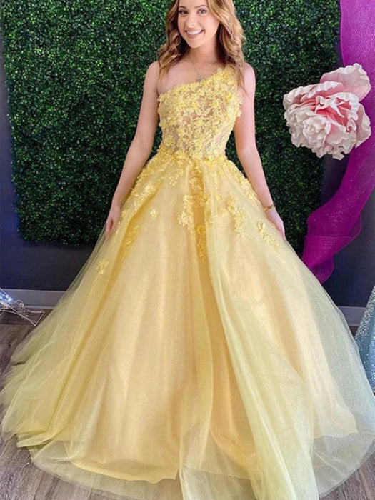 One Shoulder Yellow Lace Floral Long Prom Dresses, Yellow Tulle Lace F Bridelily One Shoulder Yellow Lace Floral Long Prom Dresses, Yellow Tulle Lace F Bridelily