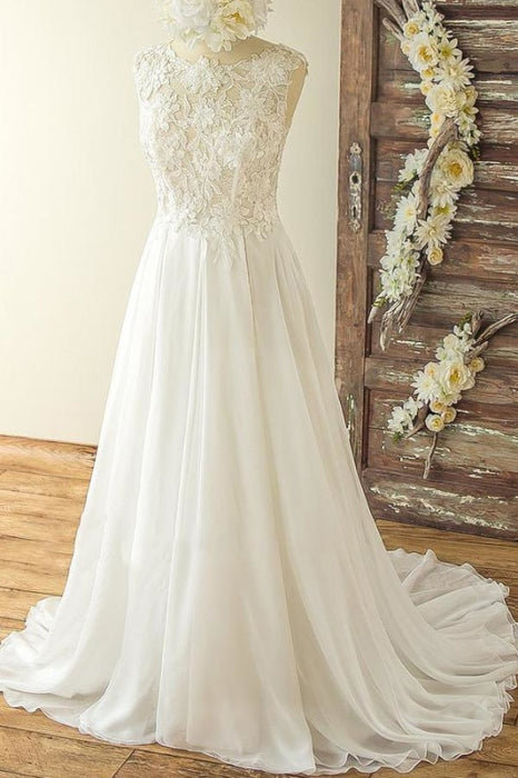Open Back Appliques Chiffon A-line Wedding Dress - Wedding Dresses