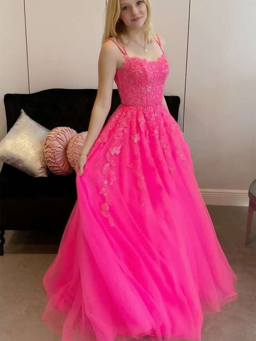 Open Back Hot Pink Tulle Lace Long Prom Dresses, Hot Pink Lace Formal Bridelily Open Back Hot Pink Tulle Lace Long Prom Dresses, Hot Pink Lace Formal Bridelily