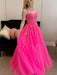 Open Back Hot Pink Tulle Lace Long Prom Dresses, Hot Pink Lace Formal Graduation Evening Dresses 