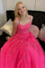 Open Back Hot Pink Tulle Lace Long Prom Dresses, Hot Pink Lace Formal Graduation Evening Dresses 