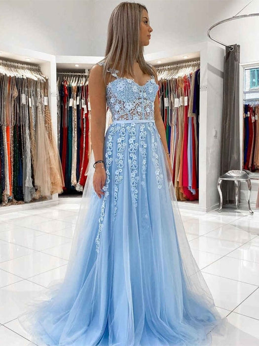 Open Back Light Blue Tulle Lace Floral Long Prom Dresses, Light