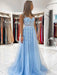 Open Back Light Blue Tulle Lace Floral Long Prom Dresses, Light Blue Lace Formal Graduation Evening Dresses with 3D Flowers 