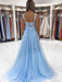 Open Back Light Blue Tulle Lace Floral Long Prom Dresses, Light Blue Lace Formal Graduation Evening Dresses with 3D Flowers 