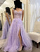 Open Back Lilac Lace Long Prom Dresses with High Slit, Purple Lace Tulle Formal Evening Dresses, Lilac Ball Gown 